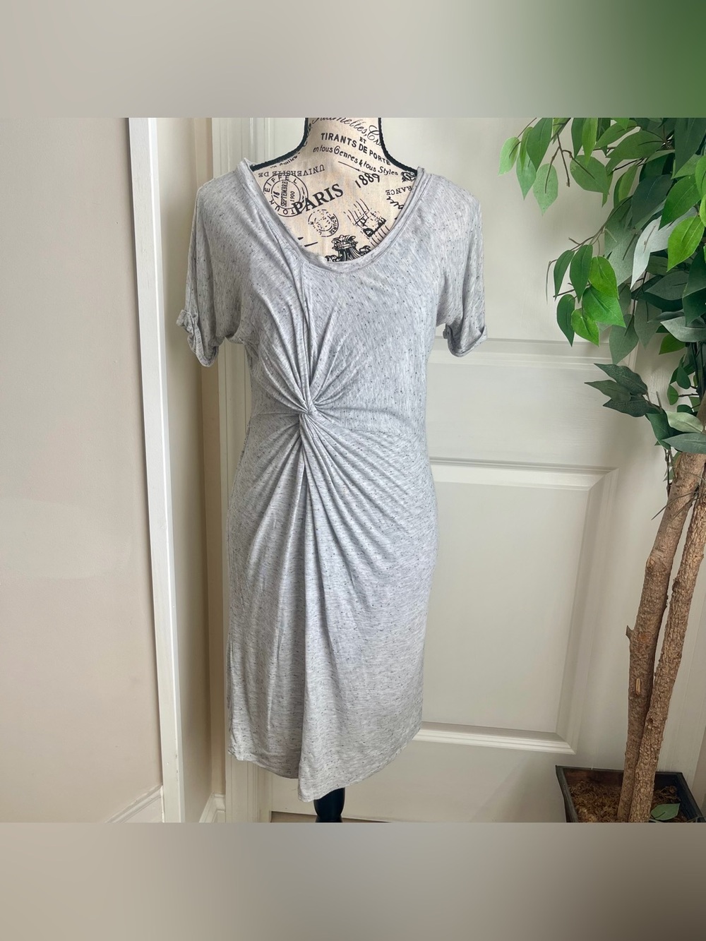 Banana Republic Twist Front Short Sleeve Jersey Knit Dress Gray Speckled Sz S